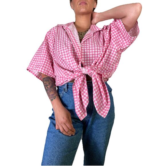 Women's Pink Gingham Button Down Shirt Oversized Picnic Cottagecore Pastel Sz XL - Picture 1 of 11